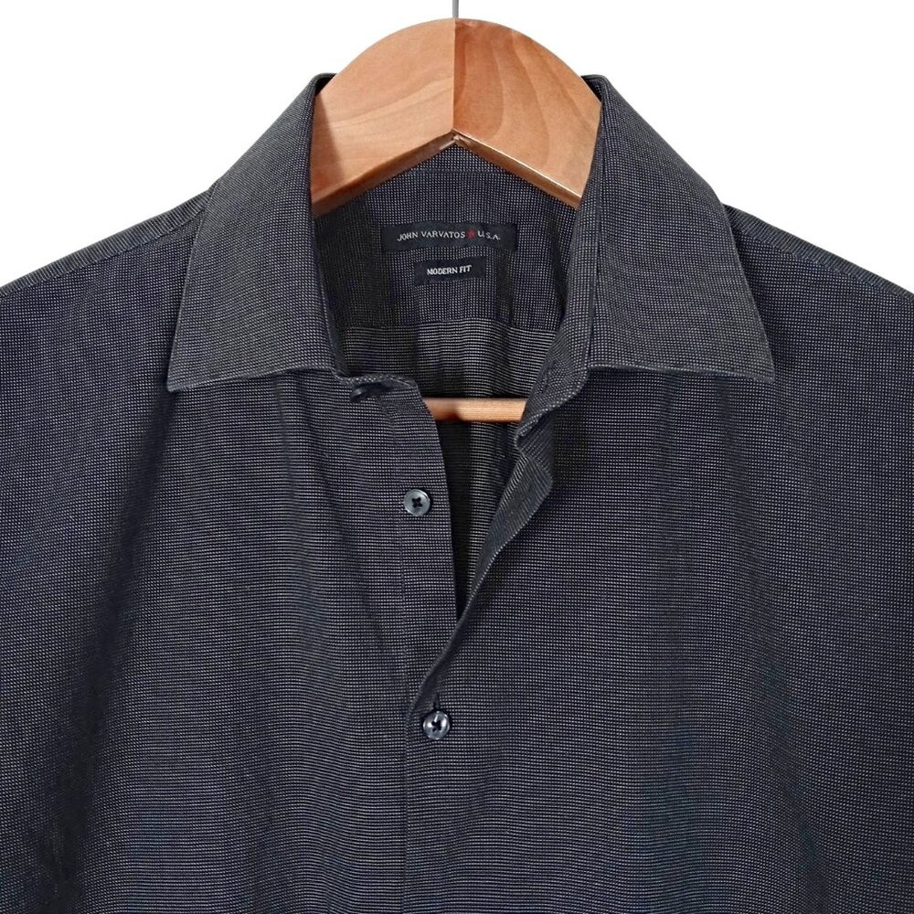 John Varvatos USA Mens Size 18 L Modern Fit Shirt Black Gray Cotton Stretch